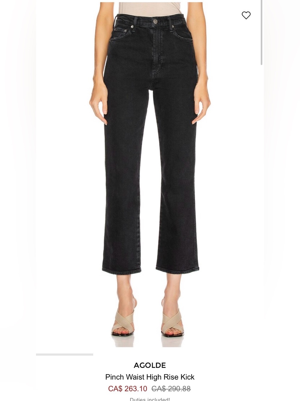 Agolde Pinch Ankle Crop Kick Jeans in Faded Black, Size 27